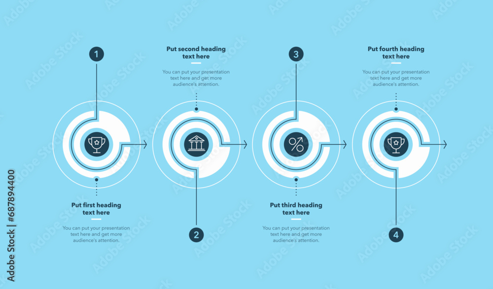 Poster horizontal process infographic template with four stages - blue version. flat presentation diagram w