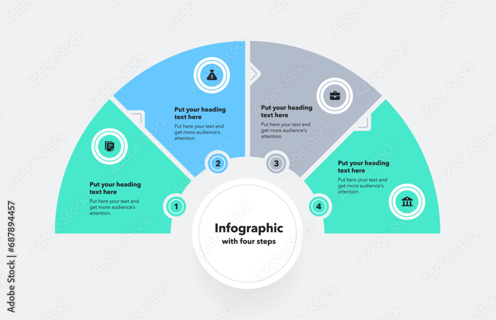 Poster Process flow diagram divided into four steps. Flat infographic with minimalistic icons and place for your texts.