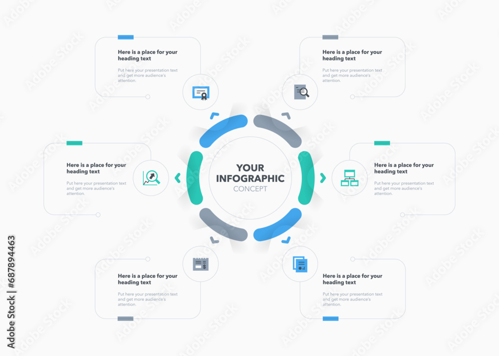 Poster Cycle diagram concept divided into six steps with flat icons and place for your texts. Modern infographic design template for project data visualization.