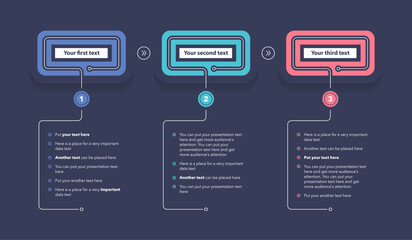 Infographic process template with three steps - dark version. SImple chart design for workflow layout, diagram, banner, web design.