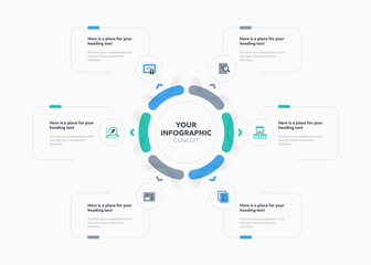 Cycle diagram concept divided into six steps with flat icons and place for your texts. Modern infographic design template for project data visualization.