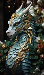 Obraz premium The wooden green dragon is a symbol of 2024 according to the eastern horoscope. Fairytale mythical Chinese character decorated with gold and flowers.