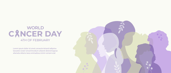 World cancer day banner.Vector illustration with silhouettes of people and purple ribbon.