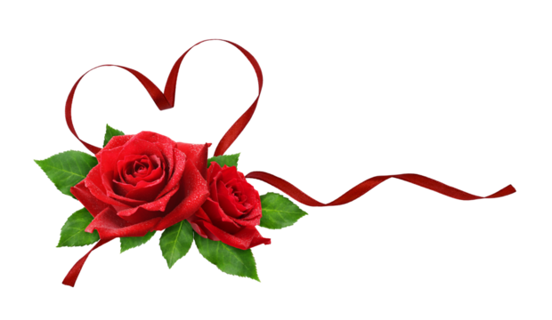 Red silk ribbon hearts and waves with rose flowers isolated on white or transparent background for Valentine's day