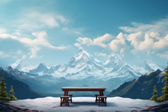 bench in the mountains, The empty wooden brown table top with blur background of Mount Cook landscape. Exuberant image.
