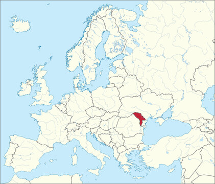 Red CMYK national map of MOLDOVA inside detailed beige blank political map of European continent with rivers and lakes on blue background using Mercator projection