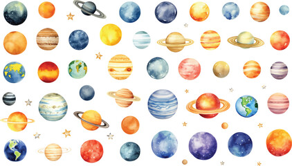 Watercolor vector illustration planet galaxy universe solar system stars set clipart sketch Mercury Venus Earth Mars Jupiter Saturn Uranus Neptune transparent background generative AI