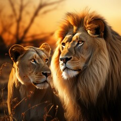 Fototapeta premium Majestic African lion couple loving pride