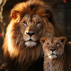 Majestic African lion couple loving pride