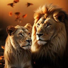 Majestic African lion couple loving pride