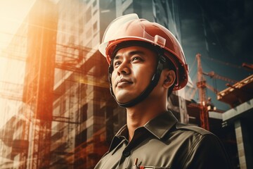 Double exposure of Engineer or architect on construction site with building background. - obrazy, fototapety, plakaty