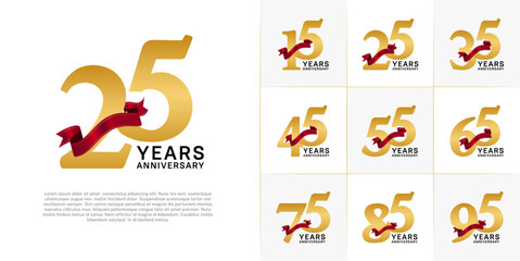 Set of Anniversary Logotype gold color with red ribbon can be use for special day celebration