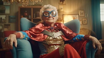 An elderly woman in a superhero costume in chair at home with sunglasses in her eyes