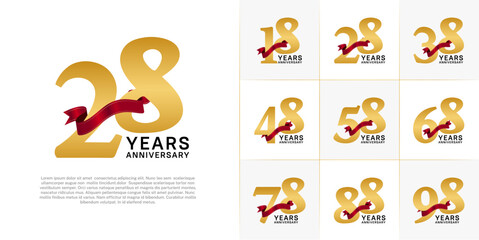 Set of Anniversary Logotype gold color with red ribbon can be use for special day celebration