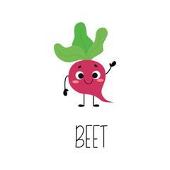 Hand drawn funny beet character. Card with vegetable name. Vector illustration