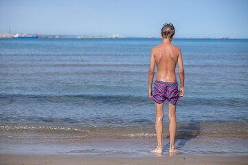 Fototapeta na wymiar Fullbody teenager standing on the beach and looking at the, back view,copy space.
