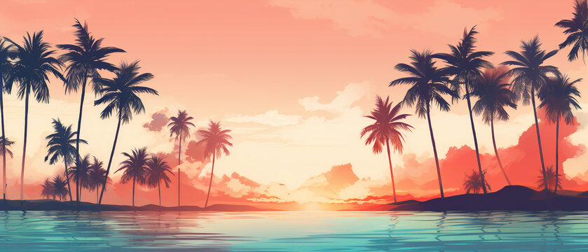 Palm trees on tropical beach at sunset