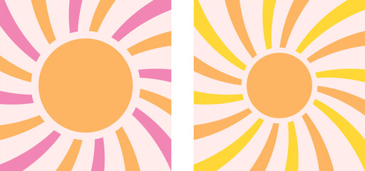 Groovy retro sunshine poster set. Groovy sun pastel backgrounds, vintage retro 70s print. Groovy striped background rays in the center. Sunburst vintage backgrounds. Pastel vector illustration.