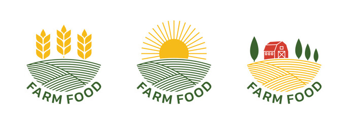 Farm food logo or icon. Agriculture symbol with field and sun. Fresh, natural, organic, healthy product emblem design. Vector illustration.