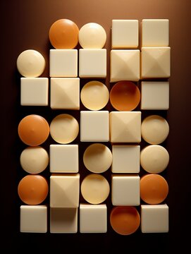 Candies of brown and light beige colors in the form of circles and squires are arranged on a brown background. Favor of sweets are milk and dark chocolate, orange and caramel
