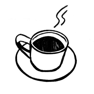 Bebida caf&eacute; americano en blanco y negro tipo ilustraci&oacute;n an&aacute;loga en vector digitalizado. Caf&eacute; negro. Bebida caliente o delicioso espresso.