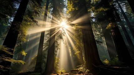 Fototapeta premium the sun shines through redwood trees with fog, Sunlight through redwood forest with tall trees. a serene forest scene with sunlight filtering through the foliage, 