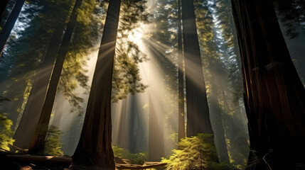 the sun shines through redwood trees with fog, Sunlight through redwood forest with tall trees.  a serene forest scene with sunlight filtering through the foliage,  - obrazy, fototapety, plakaty