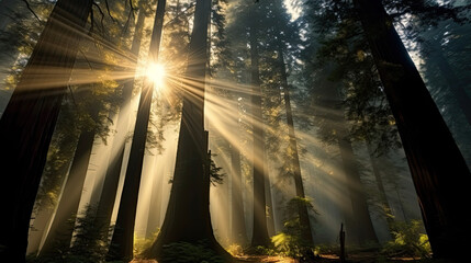 Fototapeta premium the sun shines through redwood trees with fog, Sunlight through redwood forest with tall trees. a serene forest scene with sunlight filtering through the foliage, 