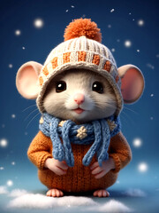 Cute little mouse wearing knitted winter hat