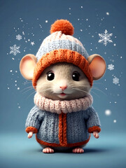 Cute little mouse wearing knitted winter hat
