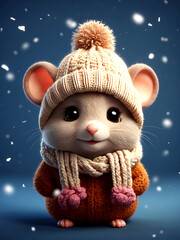 Cute little mouse wearing knitted winter hat