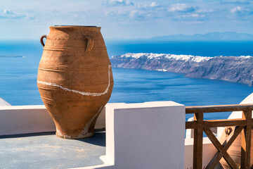 Greek amphora in Santorini landscape