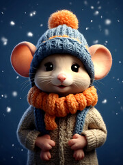 Cute little mouse wearing knitted winter hat
