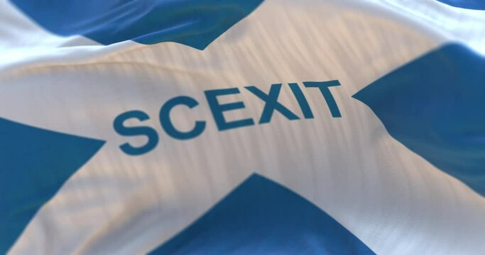 Flag of Scotland with the word Scexit waving. Loop