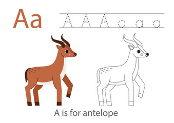 Tracing alphabet letters with cute animals. Color cute brown antelope. Trace letter A.