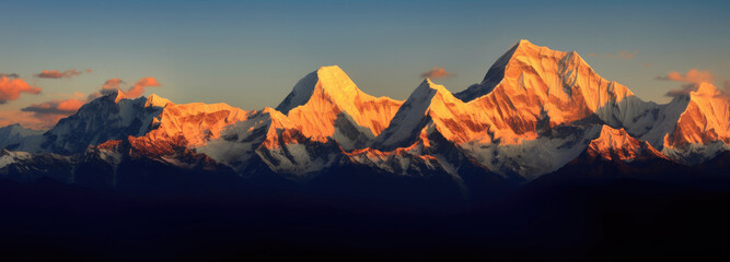 Obraz premium Mountains with snow on them at sunset with a blue sky, depicts a majestic mountain landscape during sunset. It is suitable for outdoor, travel, and nature-themed designs.