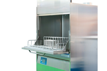 dishwasher machine with stainless wire rack for support dish cup bowls tray or utensil or other application used isolated on white background with clipping path