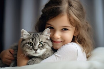 A cute Caucasian girl with wavy chestnut hair holds her grey kitten, showcasing a delightful friendship.