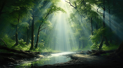 Fototapeta na wymiar sun rays through the forest, a dirt road is in the woods with light shining through 