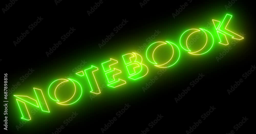 Poster neon-colored notebook word text animation with a glowing neon-colored moving outline on a dark backg