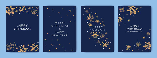 Merry Christmas and New Year cards and invitations to corporate events. Golden snowflakes and Christmas star on a blue background.