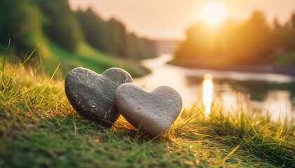 Two heart-shaped stones resting on the grass next to a river, sunset light