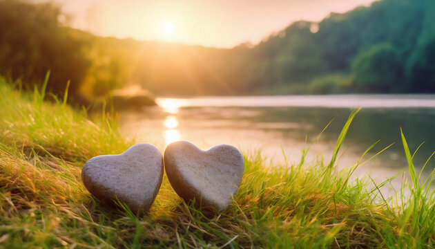 Two heart-shaped stones resting on the grass next to a river, sunset light