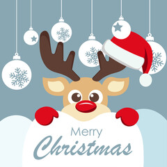 Fototapeta na wymiar merry christmas card with hanging ball decoratoin Christmas reindeer vector illustration