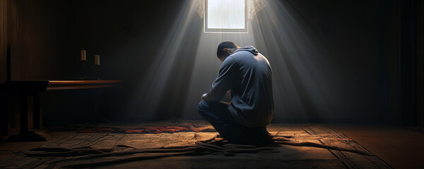 Religious, sad young man praying to God in a dark room. Sunlight coming through the window. - obrazy, fototapety, plakaty