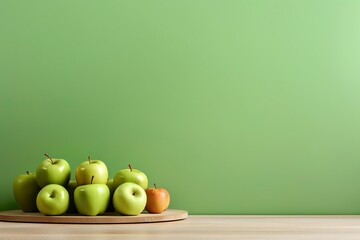 Green apples on counter against an empty green wall 