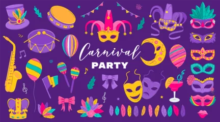 Fotobehang Mardi Gras design collection. French traditional symbols - carnival masks, party decorations, feathers, musical instruments. Vector illustrations isolated on a white background. © Валерия Соловьева