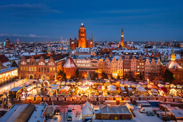 Beautifully lit Christmas market in the Main City of Gdansk at dawn. Poland