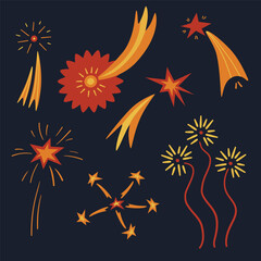 Fototapeta na wymiar A set with different cartoon fireworks. Hand drawn vector sketch illustration.