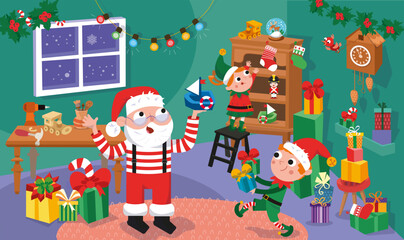 Cute Santa and Elf makes gifts for children. Santa Claus' workshop with furniture, items, gifts, letters. Winter Christmas holidays. Scene, vector cartoon illustration. 